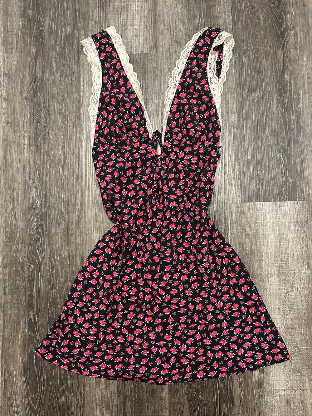 Dolls Kill Black Ditsy Floral Lace Trim Mini Dress Coquette